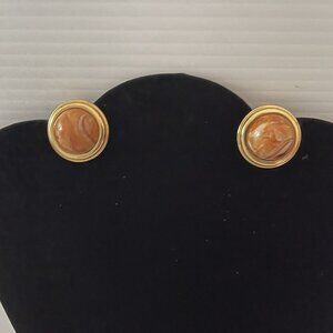 Joan Rivers Cabochon Clip Earrings Gold Tone Round Orange Marble Swirl Vintage